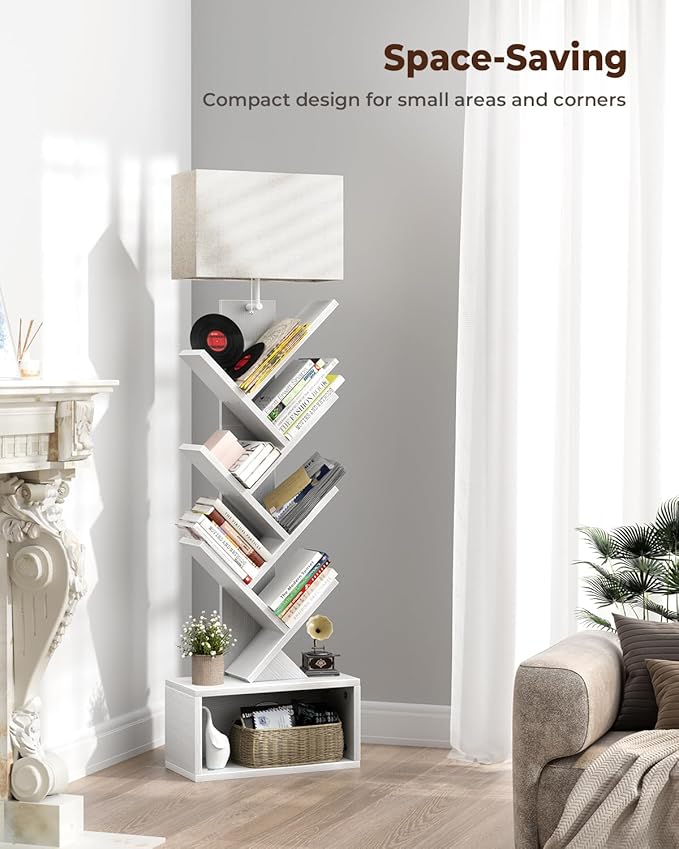 6 Tier Tree Bookshelf with Light, Narrow Bookcase Tower, Tall Floor Standing - Image 6