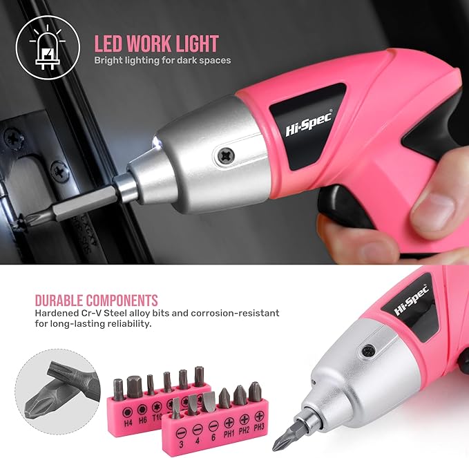 Hi-Spec 19pc 3.6V Pink USB Small Power Screwdriver & Home DIY Tool Kit Set. - Image 4