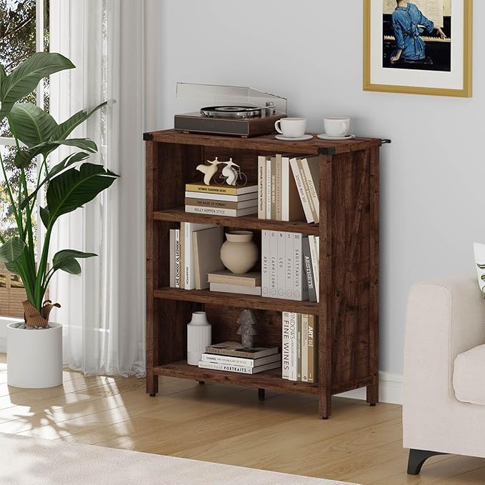 BON AUGURE Rustic Short Bookshelf, 3 Shelf Bookcase, Small Wood Low Book - Image 6