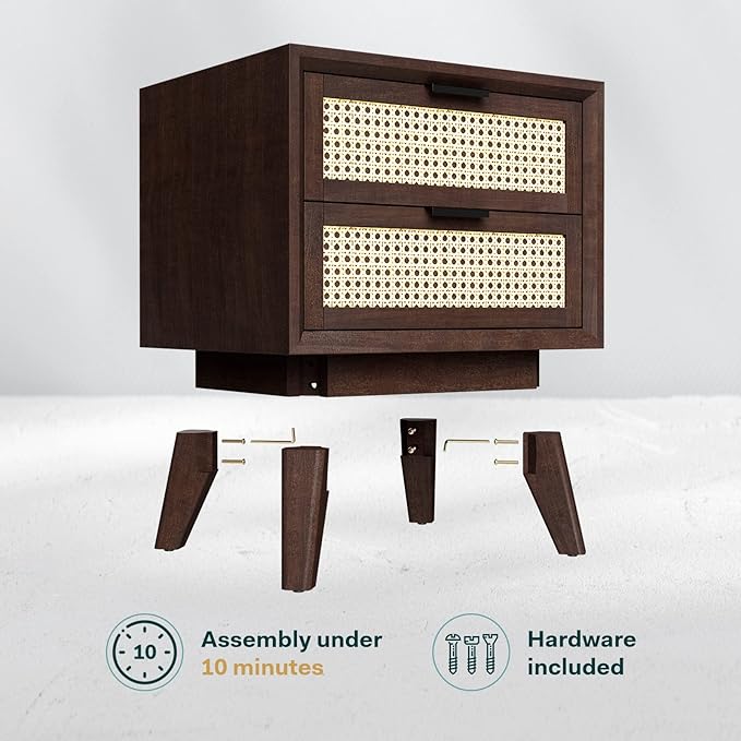 Bme Jasper Deluxe Solid Wood Rattan Nightstand Fully Assembled-Mid Century - Image 3