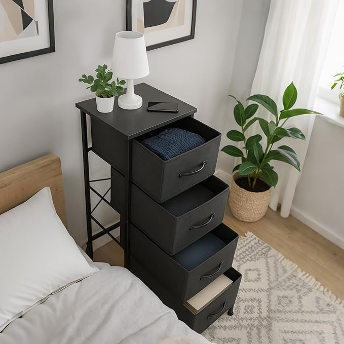Nightstand with 4 Fabric Bins, Bedside Furniture, Night Stand, End Table - Image 2