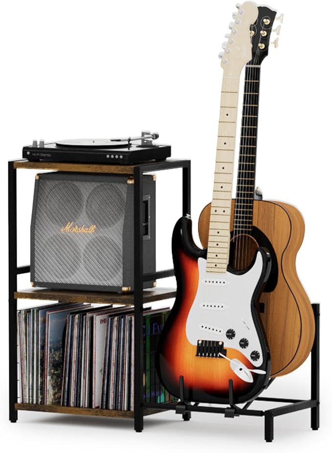 End Table with Guitar Stand, Record Player Stand, Vinyl Records Storage by YAKANJ