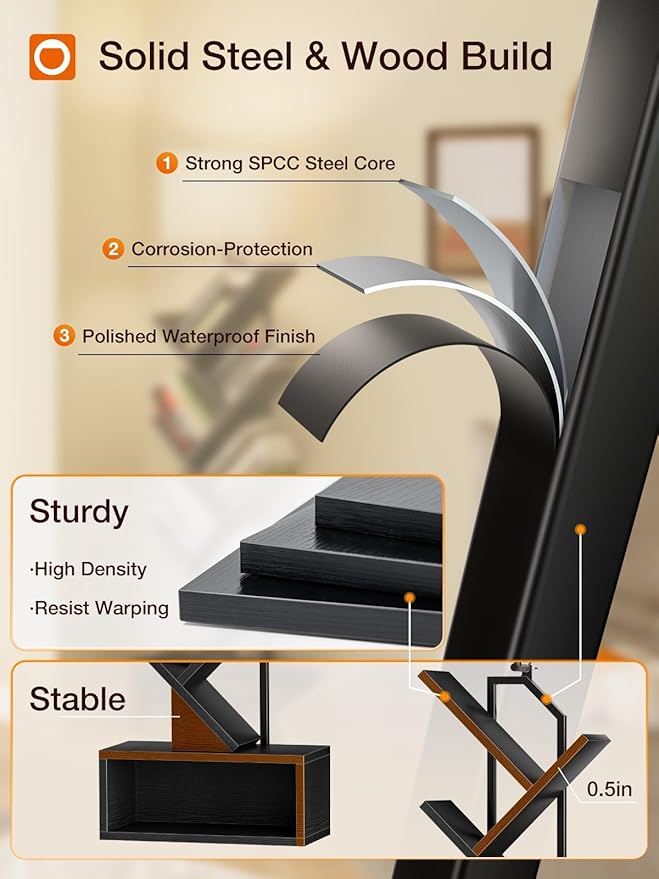 addlon 6-Tier Tree Bookshelf, Steel&Wood Corner Shelf - Image 4