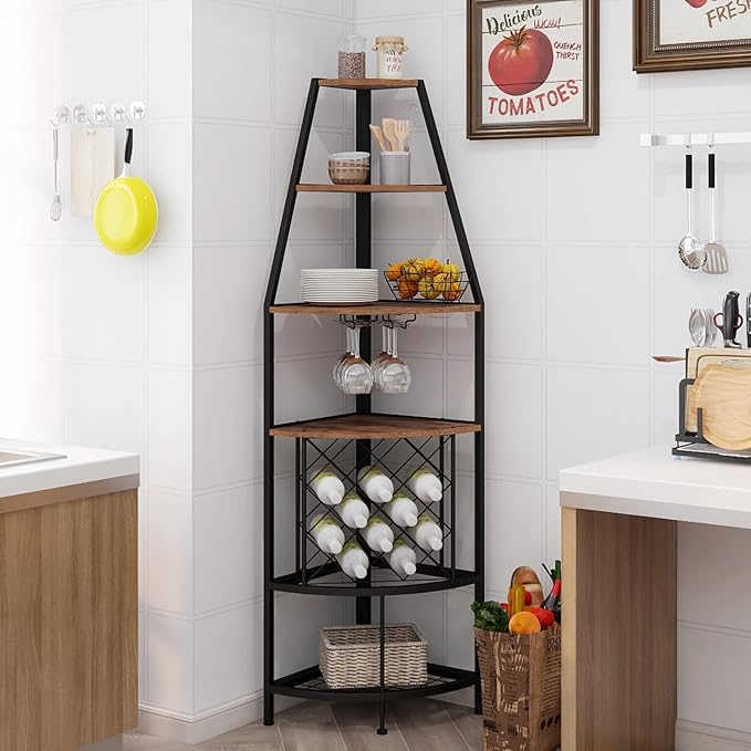 5-Tier Corner Wine Rack with LED Light Floor Standing Wine Rack with Glass - Image 7