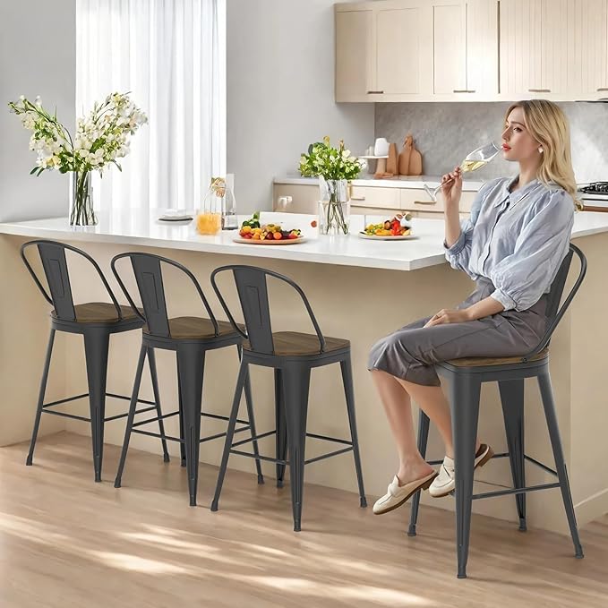 24” Swivel Bar Stools Set of 4, Counter Height Bar Stools Wooden Seat, Metal - Image 8