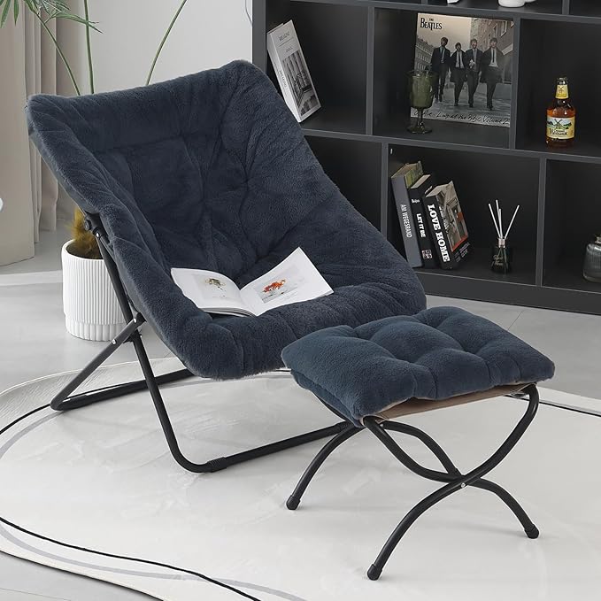 Saucer Chair with Ottoman, Comfy Doorm Chairs, Oversized Folding Faux Fur Chair - Image 7