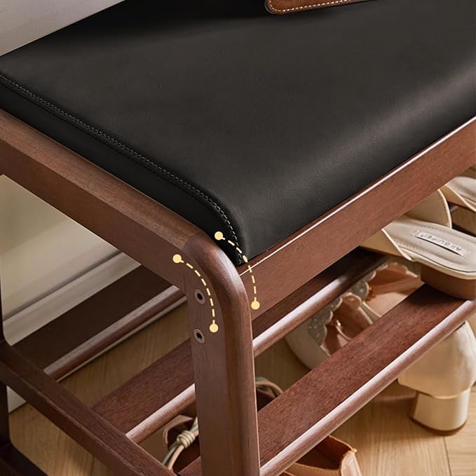 Wooden Shoe Storage Bench with Padded Top Cushion, Two-Tier Wooden Shoe Rack - Image 6