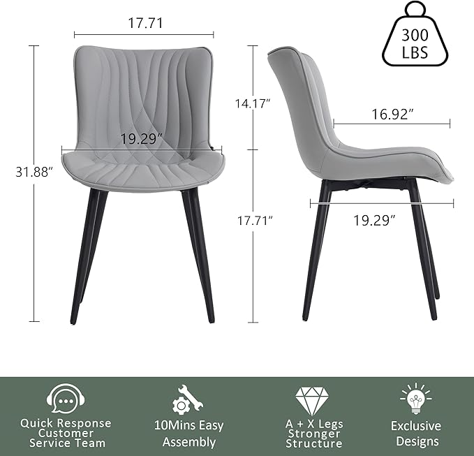 YOUTASTE Grey Dining Chairs Set of 2 Faux Leather Upholstered Kitchen Dining - Image 2