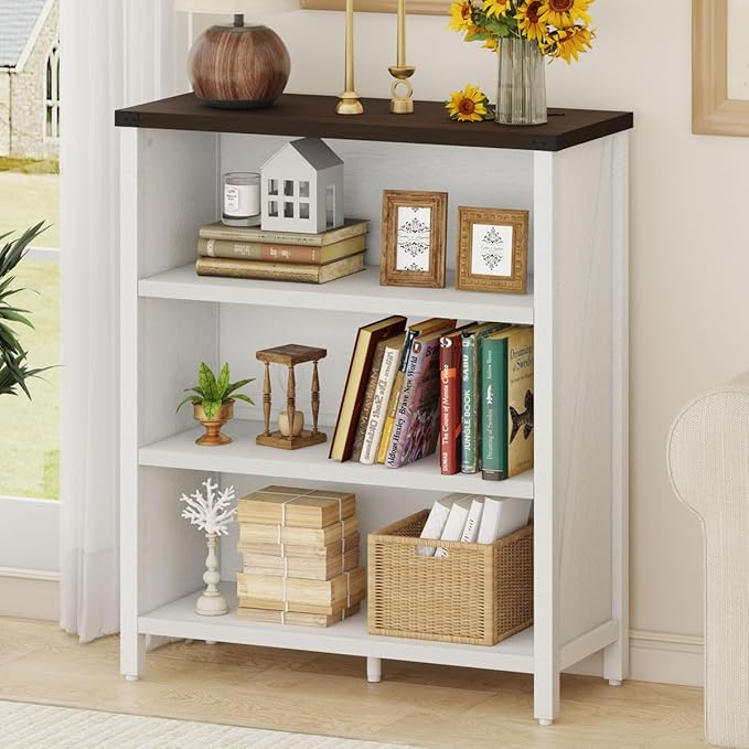 BON AUGURE Small Bookshelf for Small Space, 3 Tier Bookcase, Farmhouse Wood Low by BONAUGURE