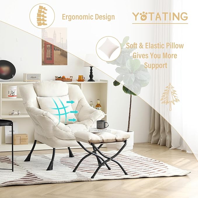 Lazy Chair with Ottoman, Comfy Reading Lounge Chair with Footstool & Throw - Image 8