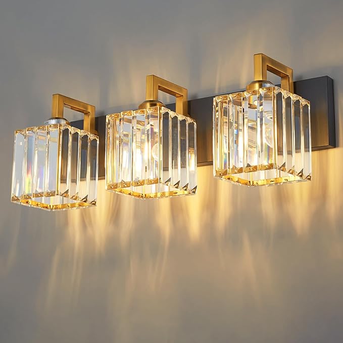 Modern Bathroom Vanity Light 3-Lights Black Gold Crystal Wall Lamp Bathroom by FDPBY