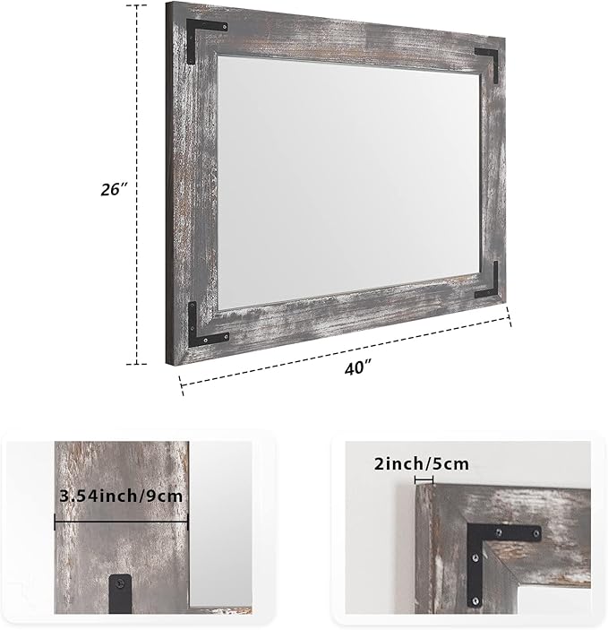 YOSHOOT Rustic Wooden Framed Wall Mirror, Natural Wood Bathroom Vanity Mirror - Image 2