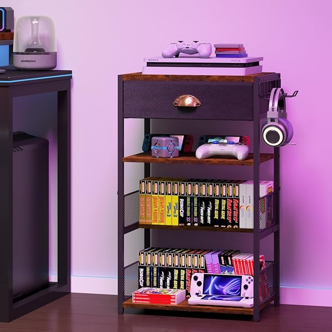 4-Tier AV Media Stand with Drawer, Video Game Console Shelf with 2 Hooks by Hongtamoya