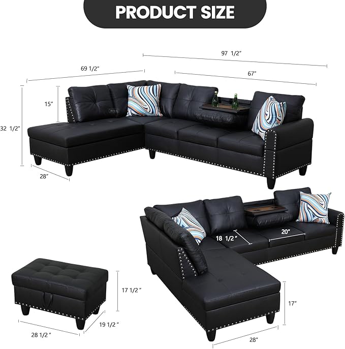 L Shaped Sectional Couch with Cup Holders, Apartments - Image 2