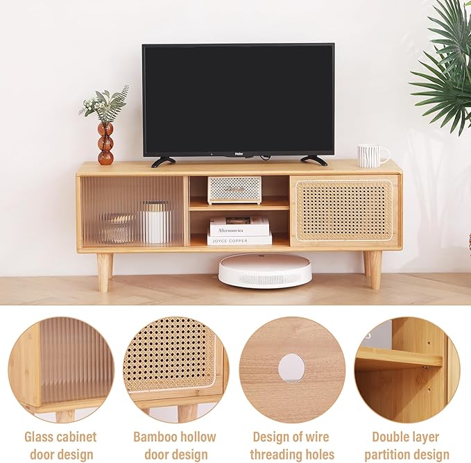 Tiita Rattan TV Stand for 55 Inch TV, Bamboo TV Cabinet - Image 5