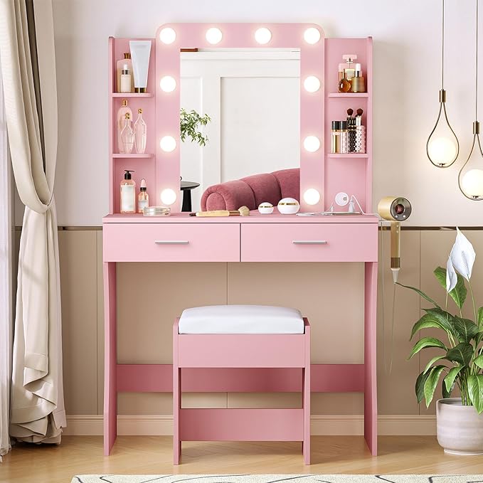 Vabches Vanity Desk with Lights, Makeup Vanity with Power Strip, Dressing Table by Vabches