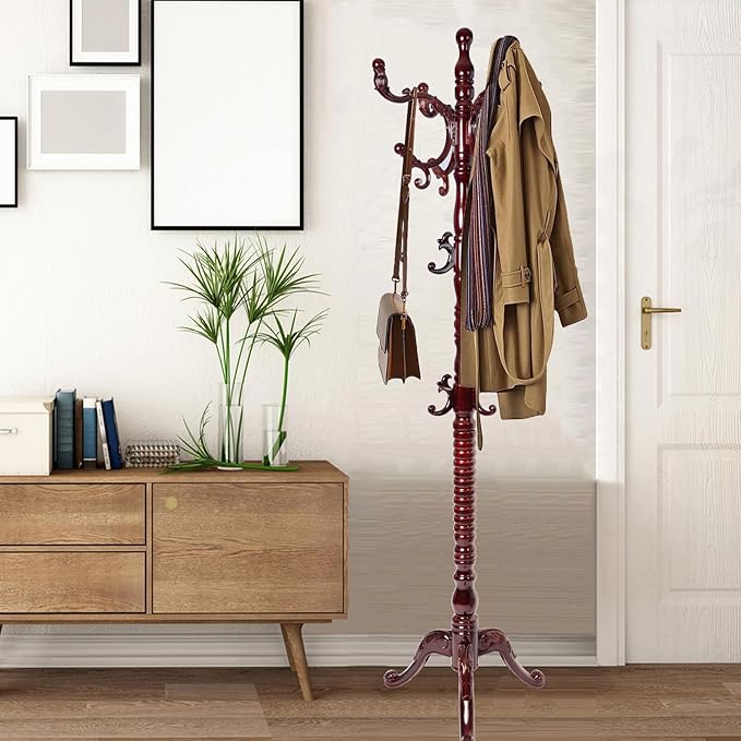 Coat Racks Free Standing with 14 Hooks, Natural Wood Coat Stands by Sauqzoh