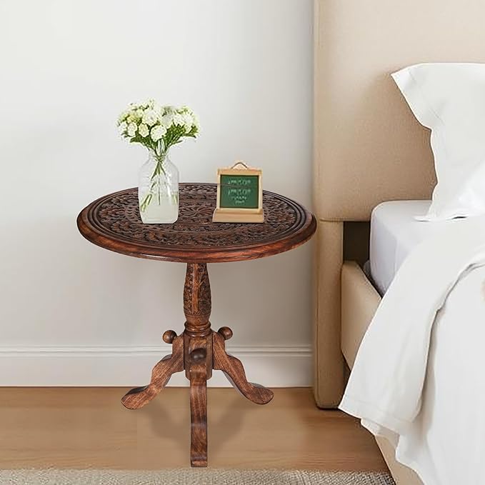 The Wooden Town Handcrafted Carved Round Side Table – 18x21 Inch Coffee Table - Image 2