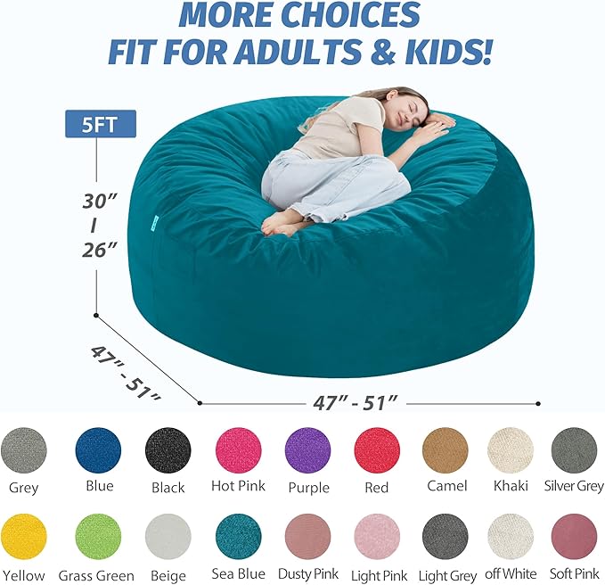 5FT Bean Bag Chair with Ultra Soft Velvet Cover Bean Bag Sofa with Memory Foam - Image 2