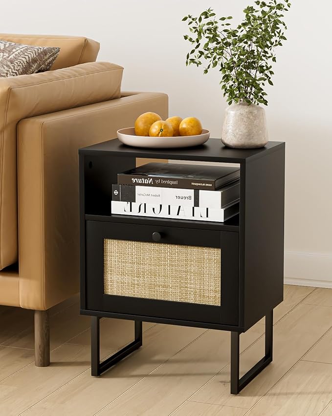 Rattan Nightstand, Boho Night Stand Farmhouse Wood Bedside Table - Image 3