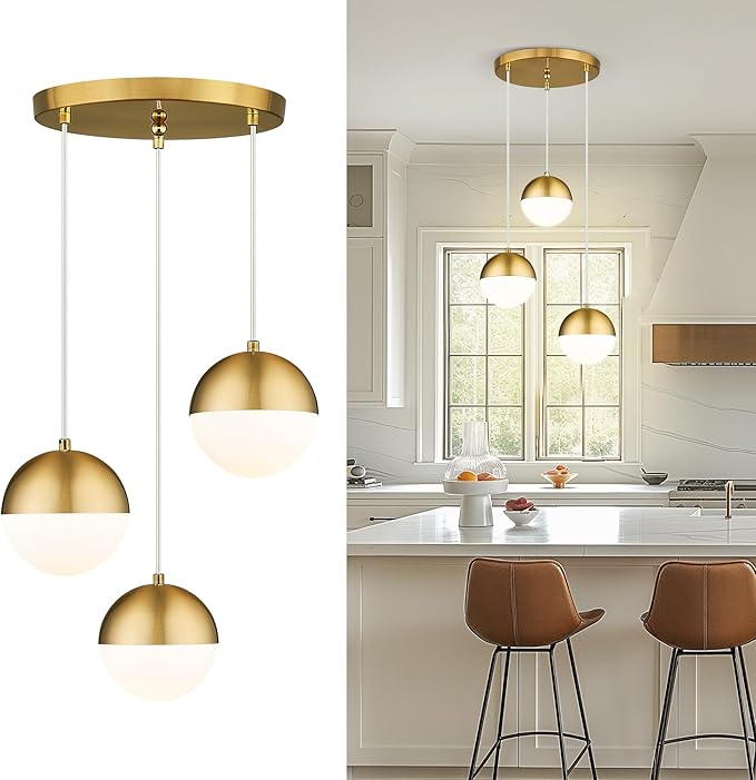 LMS Brushed Gold 3-Light Cluster Pendant Lights, Modern Kitchen Island Lighting by LMS