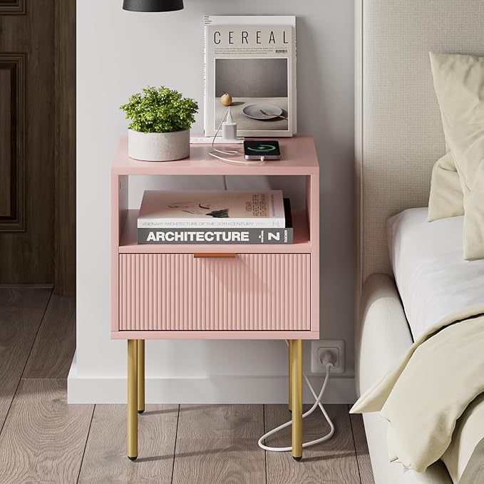 Masupu Nightstand with Charging Station, Mid-Century Modern Bedside Table with - Image 8