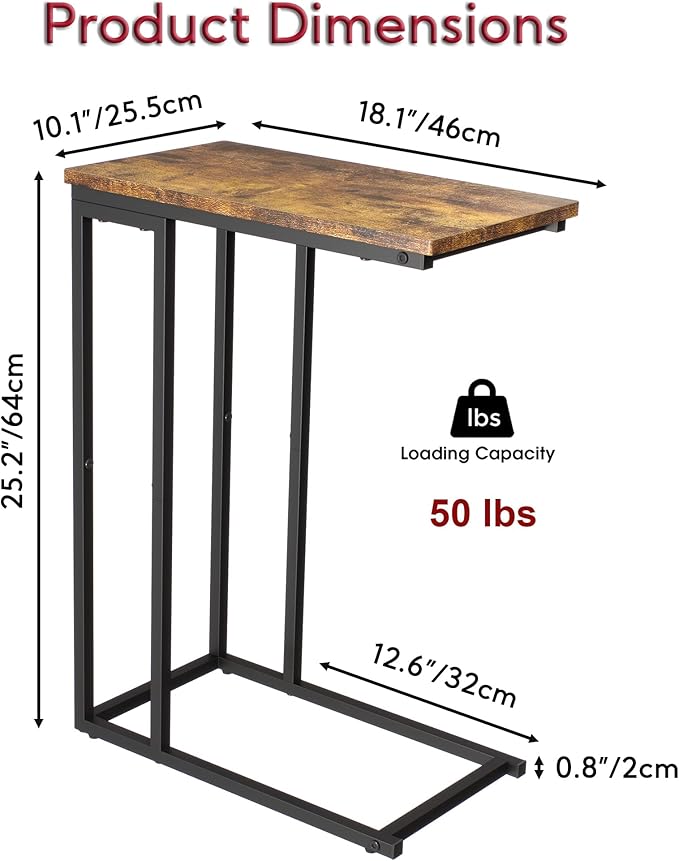 Yusong Small C Shaped End Table, Slim Couch Side Tables Slide Under Sofa Bed - Image 3