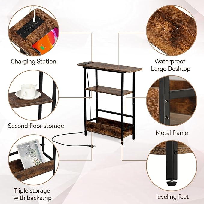 Narrow Side Table with USB-C Charging Station, 3-Tier Slim End Table with - Image 7