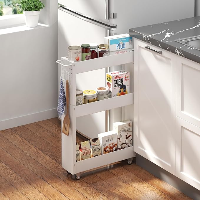 Slim Storage Cart, 5 in Width, 3-Tier White Rolling Cart - Image 3
