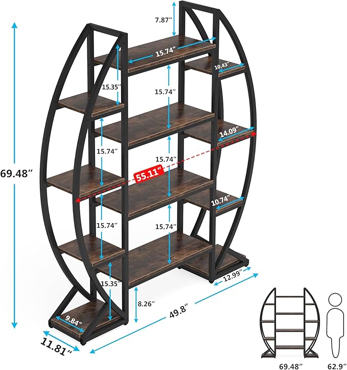 Tribesigns Oval Bookshelf, Triple Wide 5 Tier Etagere Bookcase, Industrial - Image 2