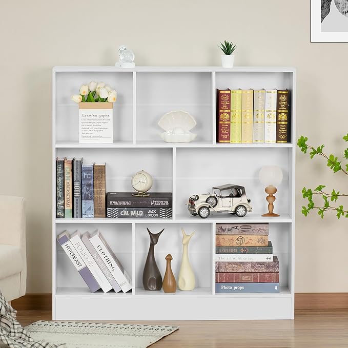 YAHARBO White 3 Tier Bookshelf, Wide Modern Horizontal Bookcase, Wood Low Book - Image 3