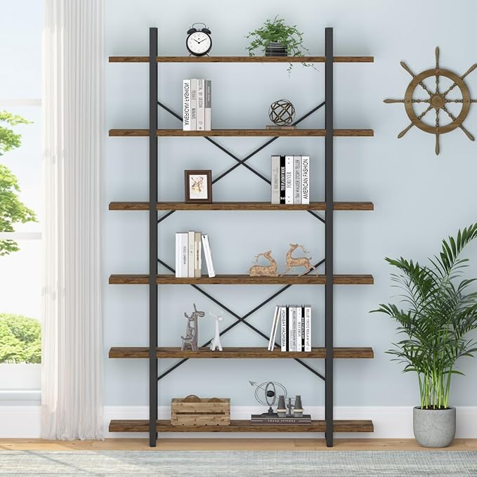 HSH 6 Shelf Tall Bookcase, Industrial Modern Large 6 Tier Bookshelf, Open Wood - Image 4