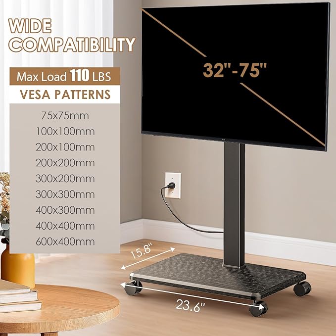 Rolling TV Stand with Power Outlet, Swivel Mobile Portable TV Cart - Image 6