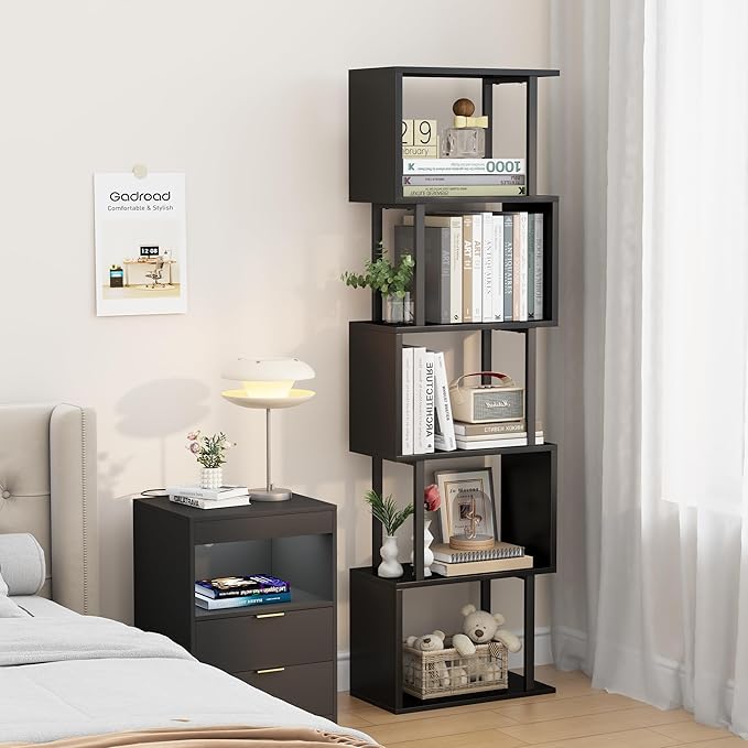 Gadroad 5-Tier Bookshelf, Tall S-Shaped Geometric Bookcase, Wood and Metal - Image 5