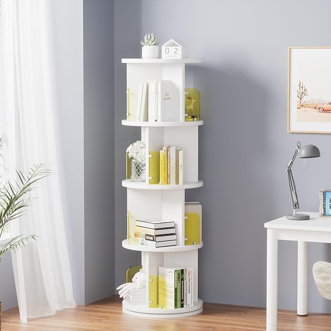 VECELO Rotating Bookshelf Tower, 360°Revolving Bookcase, Round Book Shelf - Image 5