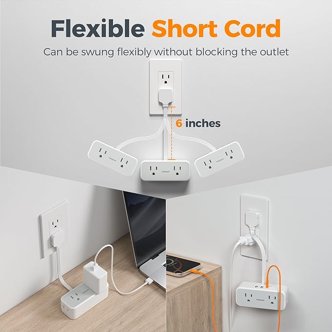 TESSAN Multi Plug Wall Outlet Extender, 6 inch Short Extension Cord, Flat Plug - Image 2