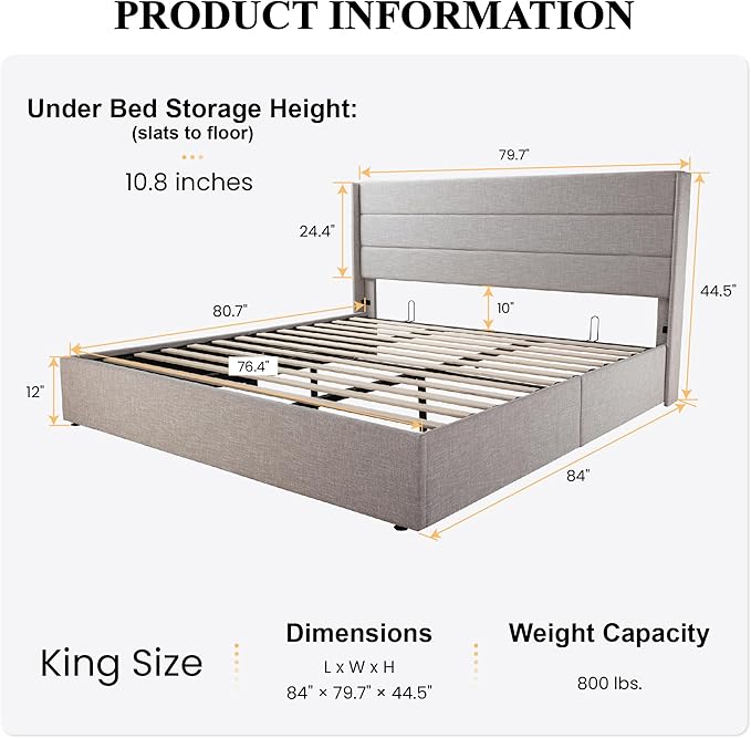 SHA CERLIN King Size Lift Up Storage Bed/Modern Wingback Headboard/Upholstered - Image 2