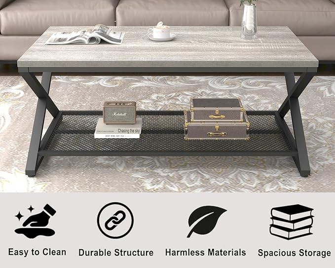 LVB Gray Coffee Table with Storage, Farmhouse Metal Wood 2 Tier Center Table - Image 6