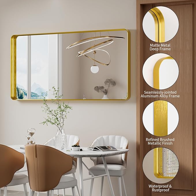 Koonmi Gold Bathroom Mirror for Wall, 30x60 Inch Matte Metal Deep Framed - Image 3