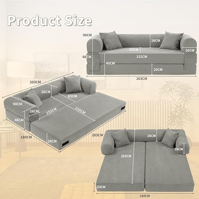 80" Convertible Sofa Bed, Corduroy Deep Seat Folding Pull Out Couch - Image 3