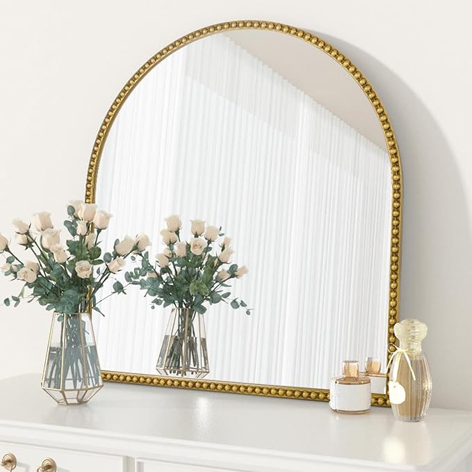 28x26 Inch Arched Bathroom Mirror, Antique Gold Wall Mirror Metal Beaded Frame - Image 4