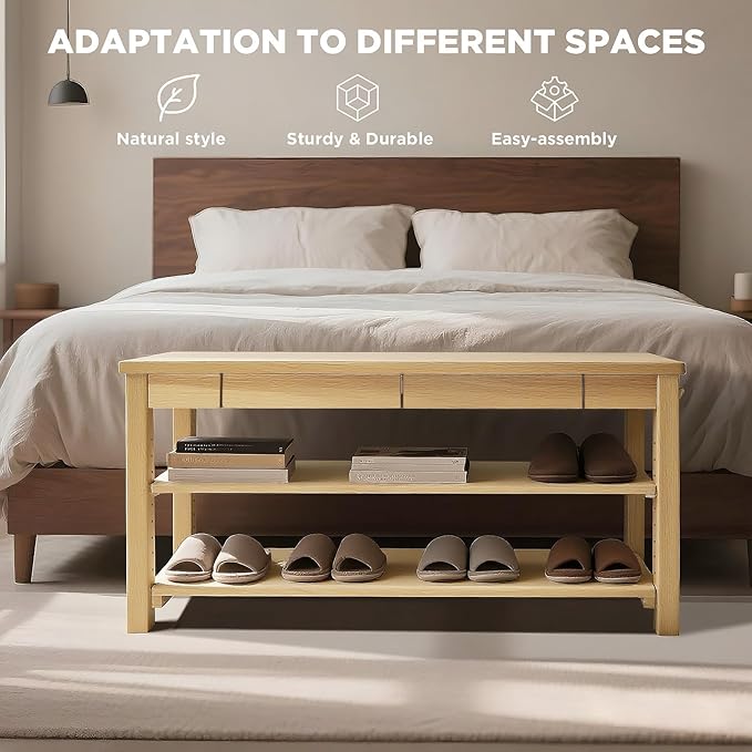 Wood Shoe Bench Entryway with Drawer: 2-Tiers Wooden Storage Shoe Rack with - Image 7