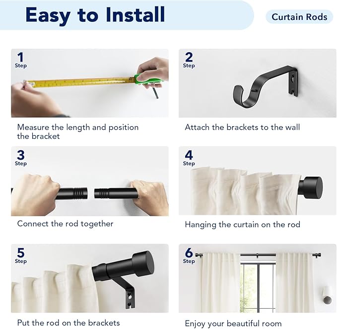 2 Pack Curtain Rods for Windows 72 to 144 Inch, 1 Inch Black Adjustable Heavy - Image 7