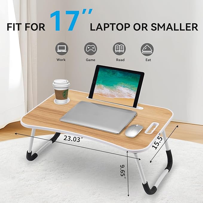 BUYIFY Folding Lap Desk, 23 Inch Portable Wood Yellow Laptop Bed Desk Lap Desk - Image 2