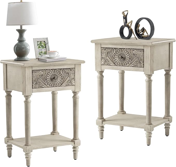 COSIEST 2 Pieces Vintage Nightstand, MDF 2-Tier Bedside Table, Wood Accent End by COSIEST