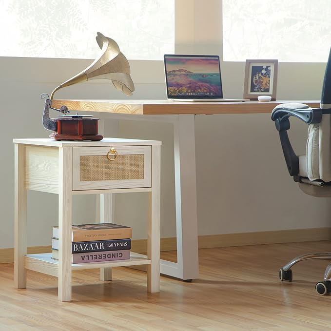 SICOTAS White Nightstand Set of 2, Rattan Decor Drawer - Image 8