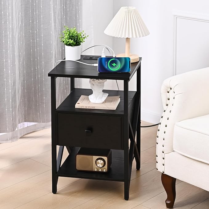 Side Tables with Charging Station, Nightstands with Wood Drawer, Night Stand - Image 2