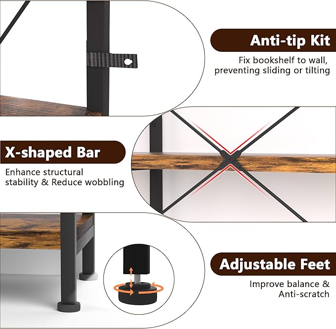 7-Tier Corner Bookshelf, Reversible Wooden Shelves, Industrial Bookcase - Image 4
