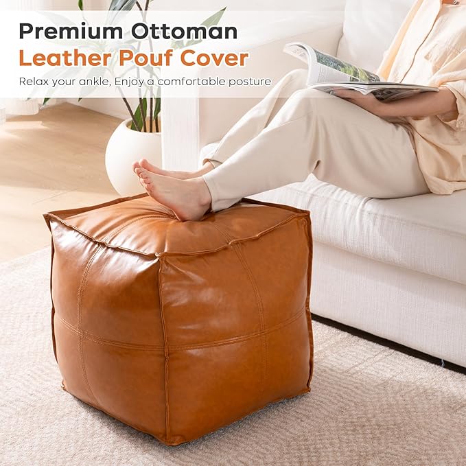 Pouf Ottoman Cover, 17.7" Square Unstuffed Pouf Cover, Faux PU Leather Moroccan - Image 5