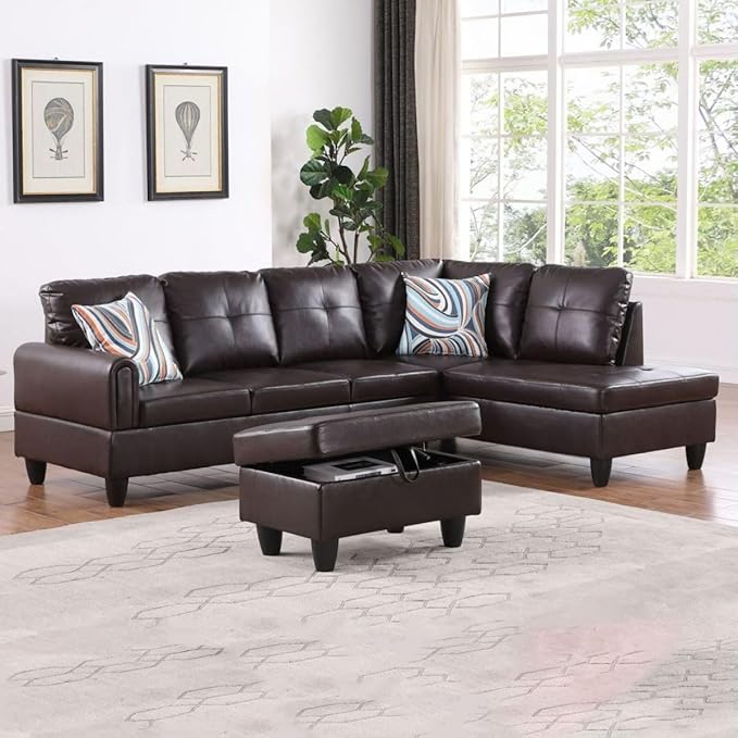 Brown L-Shaped 3-Piece Faux Leather Sofa by Unknown